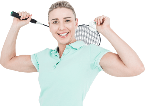 Cheerful Woman Playing Badminton with Transparent Racket