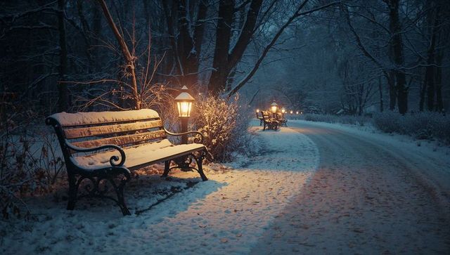 Tranquil Winter Park Scene with Snow-Covered Bench and Pathway Light