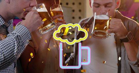 Friends Enjoying Beers with Digital Interface Overlay