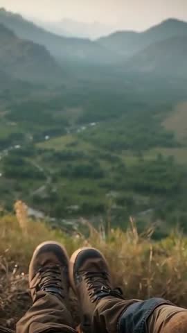 Bearded hiker watching valley at golden hour with hiking boots foreground vertical video