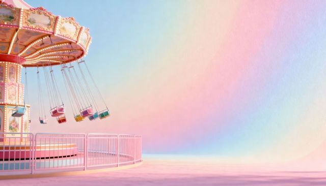 Pastel swing carousel glowing with lights on dreamy pink-blue gradient carnival backdrop