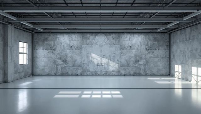 Sunlit industrial warehouse featuring central concrete wall, open floor, metal trusses
