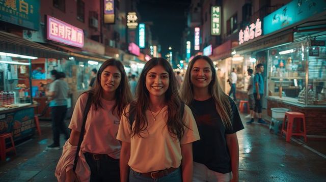 Friends exploring neon-lit night market smiling and walking through crowded urban street