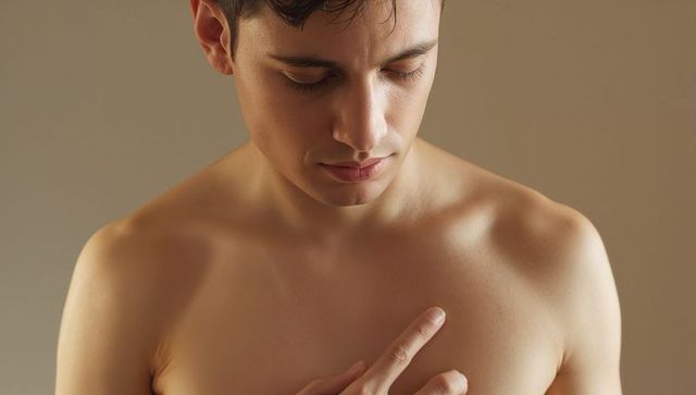 Pensive young man touching chest with index finger minimal beige bare torso portrait