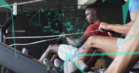 Athletes rowing with digital overlay illustrating fitness data