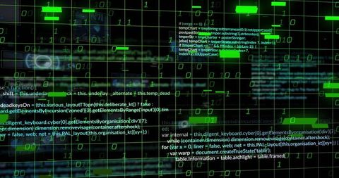 Futuristic binary code with streaming digits on digital grid