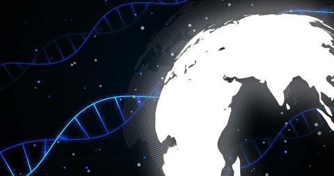 Rotating earth silhouette with neon dna strands and futuristic genomics concept