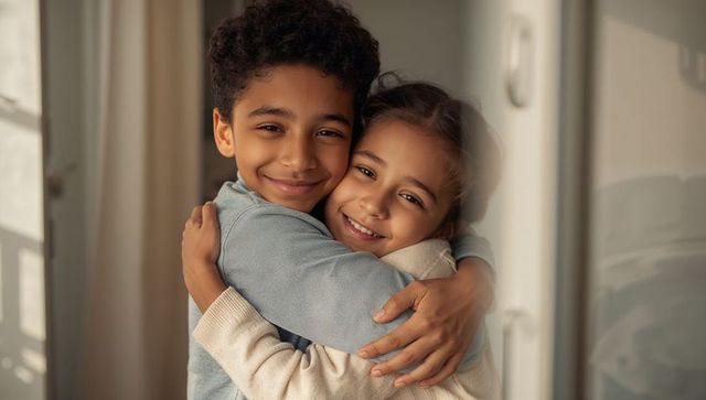 Preteen siblings hugging in warm natural light, smiling together, family love and comfort