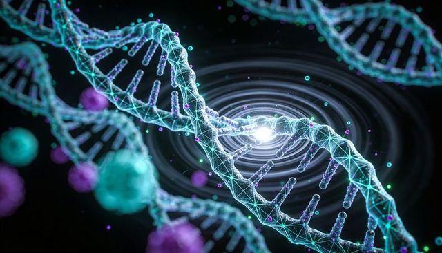 Glowing rotating dna double helix with neon wireframe, molecular nodes and ripple core