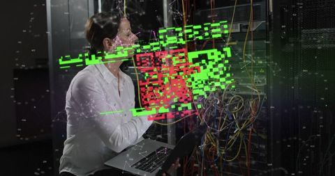 Female IT Professional in Server Room with Digital QR Code Interface - Download Free Stock Images Pikwizard.com
