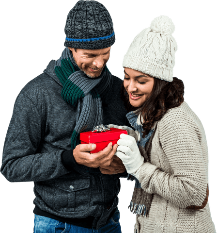 Couple in Warm Winter Clothing Holding Gift Box Transparent