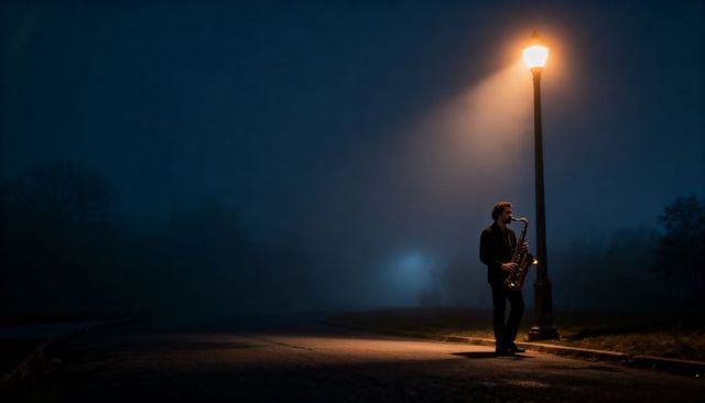 Midnight saxophone solo under vintage lamppost on foggy empty road urban noir