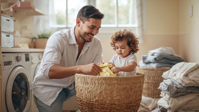 Father teaching toddler laundry chores in sunlit laundry room, sharing playful bonding