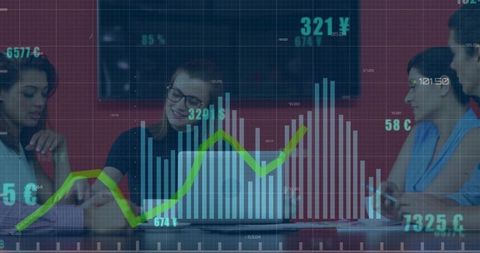 Female leader presenting data to team in boardroom with laptop and analytics overlay