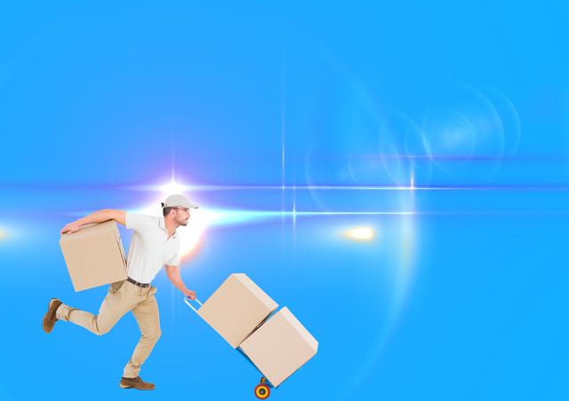 Digital composite image of delivery man with trolley of boxes running