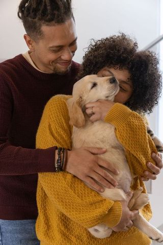 Couple cuddling cream golden retriever puppy in cozy home moment, warm affectionate bond