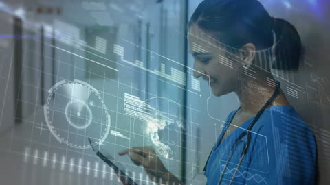 Smiling Female Doctor Engaging with Futuristic Technology Interface