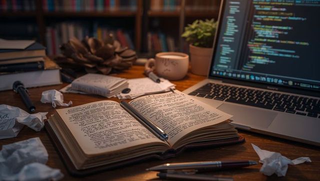 Late night writing and coding workspace with handwritten journal, fountain pen, laptop