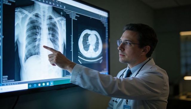 Male physician pointing at chest X-ray on digital display reviewing lung CT scan results