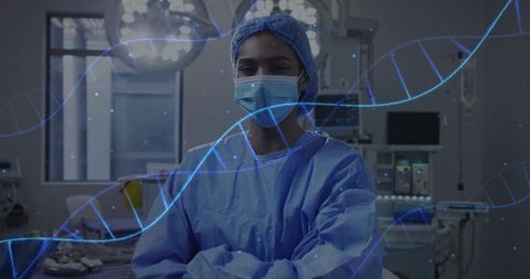 Confident Female Surgeon with DNA Overlay in Modern Operating Room