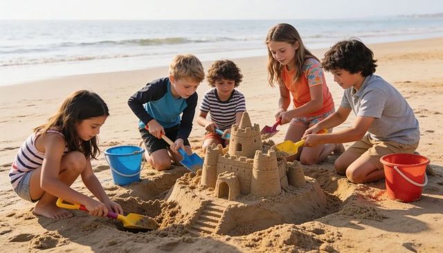 Kids building sandcastle together on sunny beach with colorful buckets and shovels