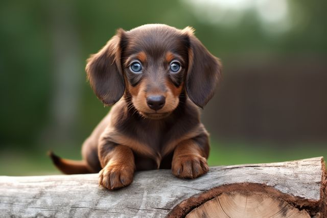 The image shows a very young Dachshund puppy lying on a log outdoors. The background is blurred green, emphasizing the puppy. This image can be used for various pet-related advertisements, blog posts about dog care, pet product promotions, and animal rescue campaigns. The puppy's expressive eyes and soft fur detail make it appealing for social media posts to attract animal lovers. Perfect for greeting cards, posters, or website banners focused on pet adoption and animal love.