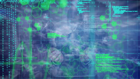 Futuristic DNA with Data Processing Overlay in Digital Space