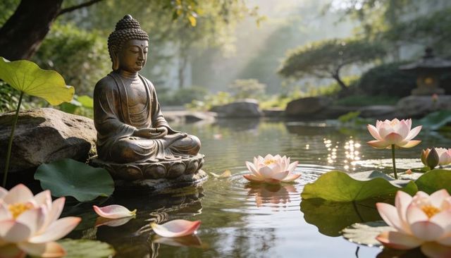 Bronze buddha meditating on lotus pond with sunlit morning flowers and serene reflection