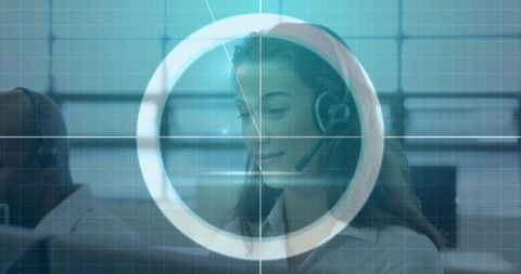 Customer service call center agent with futuristic digital overlay