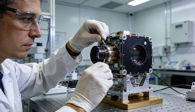 Lab technician assembling high-precision optical camera module on optical table
