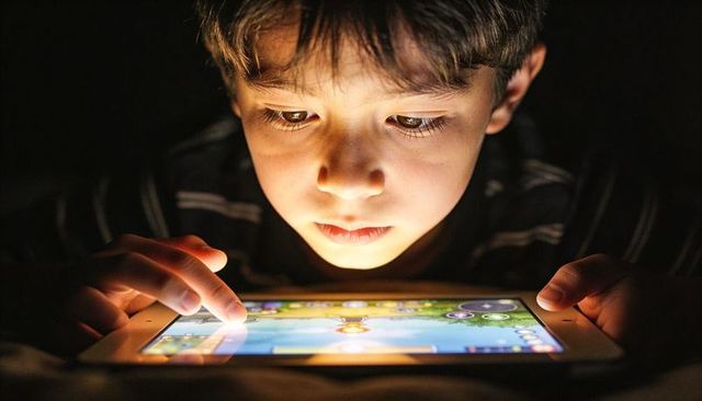 Young Boy Playing Tablet in Dark Room Glowing Face Focused on Touchscreen Game
