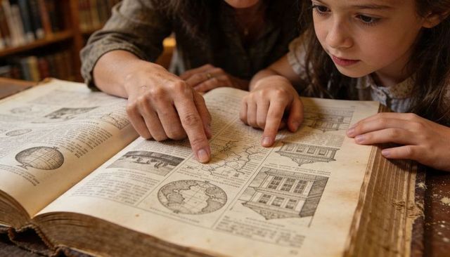 Adult and child studying antique atlas pointing at maps and building diagrams