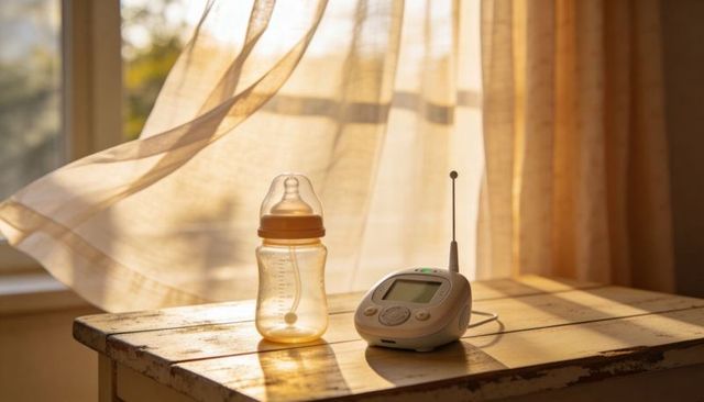 Sunlight bathing nursery: baby bottle standing next to digital monitor on rustic table