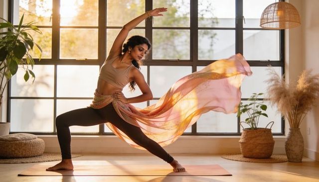 Flowing indian woman practicing deep yoga lunge in sunlit studio with scarf