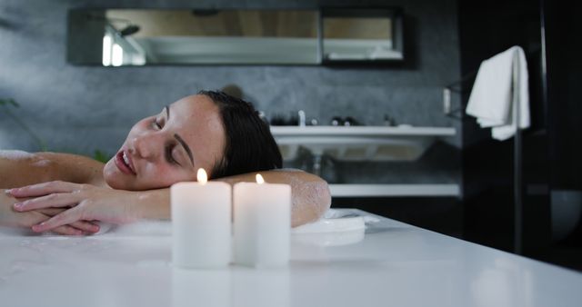 Young Woman Relaxing in Bath with Lit Candles - Download Free Stock Images Pikwizard.com