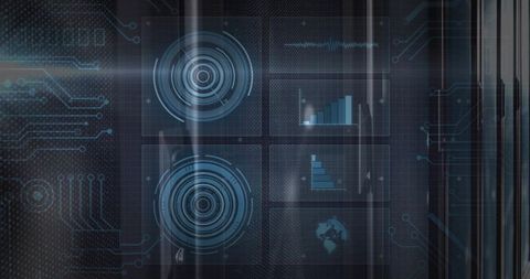 Translucent Holographic HUD Displaying Concentric Targets, Bar Charts, Analytics Dashboard