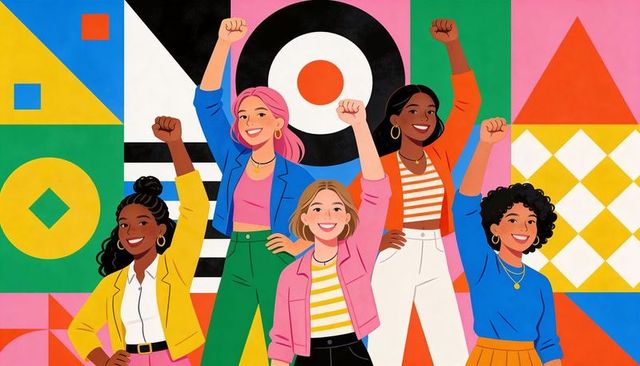 Diverse women raising fists and celebrating in front of bold geometric mural, empowerment