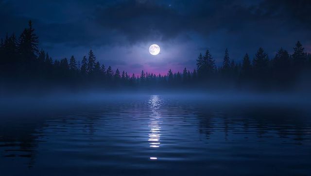Moonlit Reflections on Misty Forest Lake at Night