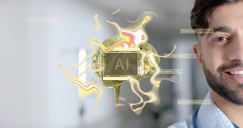 Doctor Studying AI Brain Hologram in Clinic Corridor with Stethoscope, Futuristic Medtech