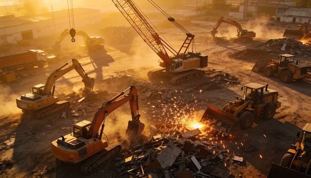 Sunset demolition with excavators and crane demolishing rubble, sparks flying