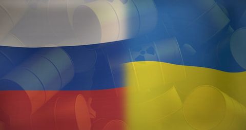 Russia and ukraine flags overlaying nuclear barrels, politics concept