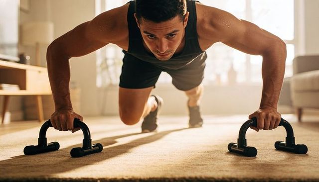 Athletic man performing push-ups on parallettes in sunlit living room for home workout