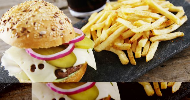 Delicious Cheeseburger with French Fries on Rustic Slate Plate - Download Free Stock Images Pikwizard.com