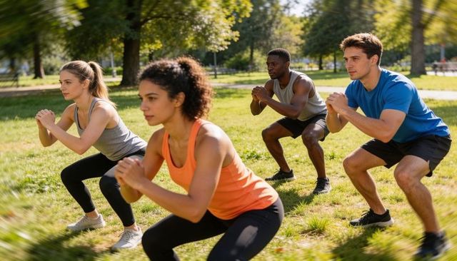 Outdoor group fitness class performing squats on sunlit park lawn with diverse adults