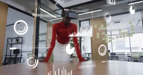 Empowered Professional Engaging with VR Data Displays in Modern Office