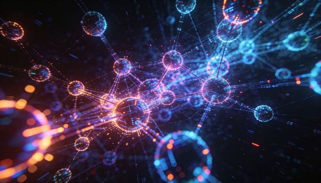 Glowing Neural Network Nodes Connecting in Neon Cyber Network with Orange Core