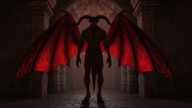 Horned demonic figure unfolding wings in gothic hall against crimson light