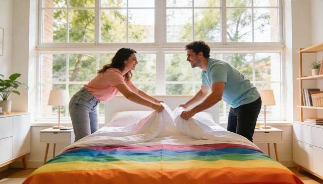 Couple making bed with rainbow comforter in sunlit modern bedroom, smiling together