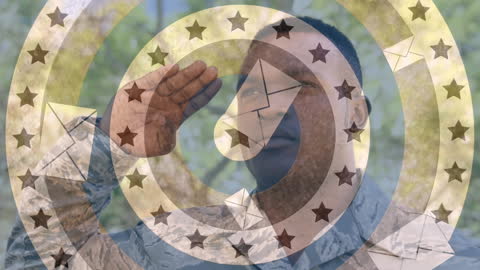 Soldier Saluting with Overlay of Patriotic Symbols