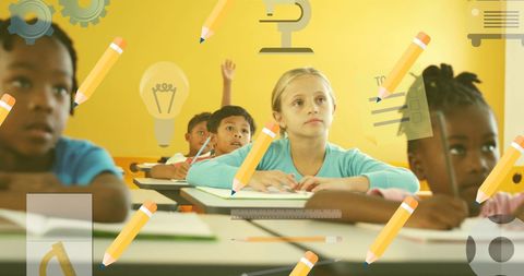 Diverse Young Students Raising Hands in Class with Educational Icons